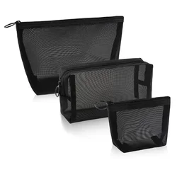 1pc Women Travel Black Mesh Cosmetic Bag Zipper Make Up Toiletry Wash Bags Transparent Mesh Makeup Case Organizer Storage Pouch
