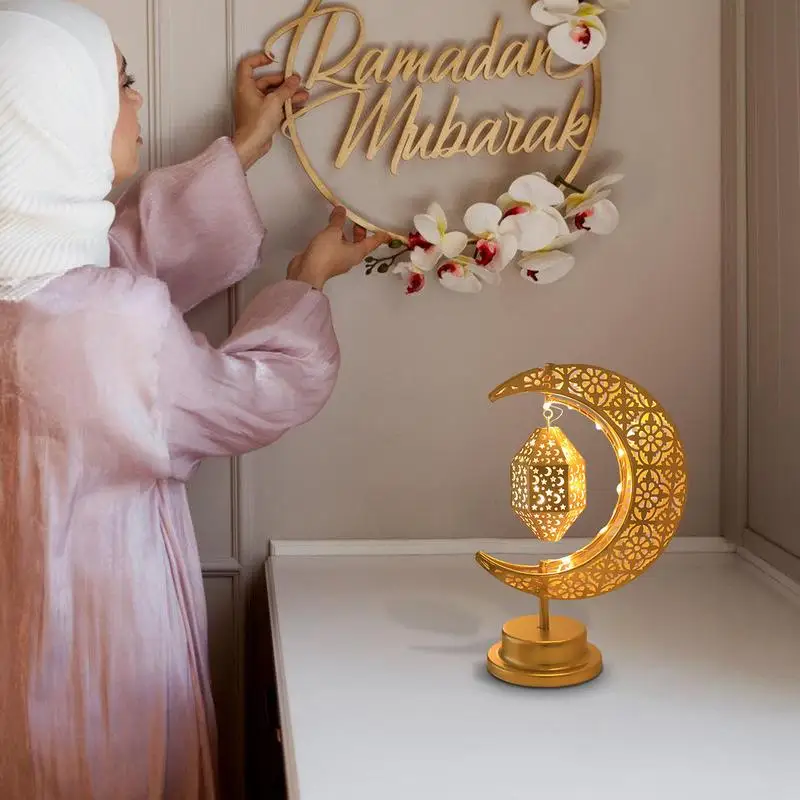 عيد مبارك نجمة القمر ضوء الحديد جوفاء الزخرفية ضوء الليل بطارية تعمل بالطاقة الحديد جوفاء جو مصباح زينة رمضان