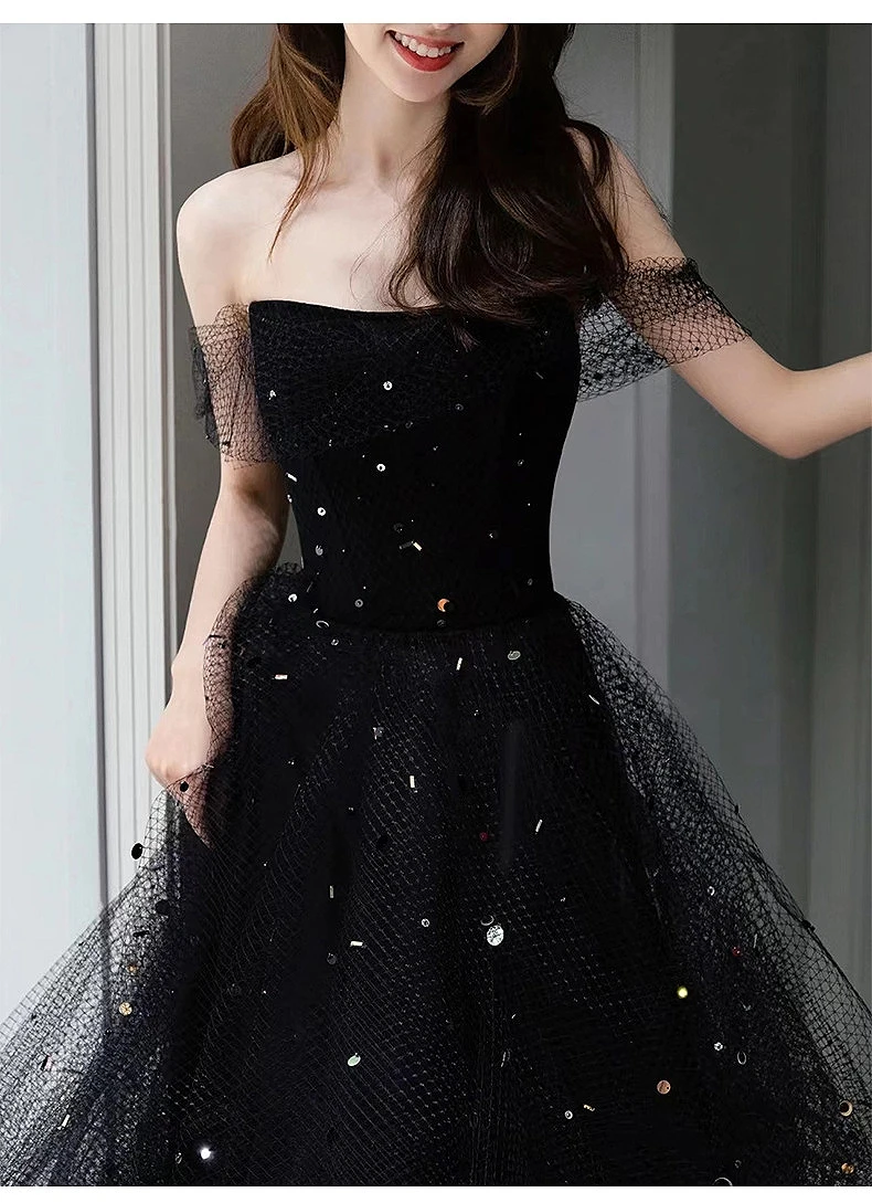 

Black Simple Cocktail Dress Tulle Sequin Strapless Off Shoulder Backless Light Luxury Knee Length Formal Toast Party Summer Gown