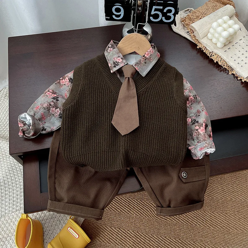 Baby Boy Clothes Autumn Three Pieces Sets For Children Flower Shirt+Sweater Vest+Pants 3PCS Suits Toddler Daily Outfit 1-5 Years
