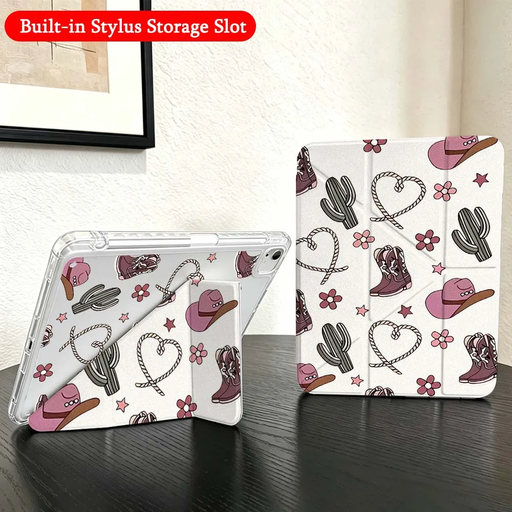 Cowboy Boot Pattern Case For iPad Mini Pro Air 5 6 7 8 9 10th 11th 11 9.7 10.9 13 inch Transparent Y-Shaped Folding Tablet