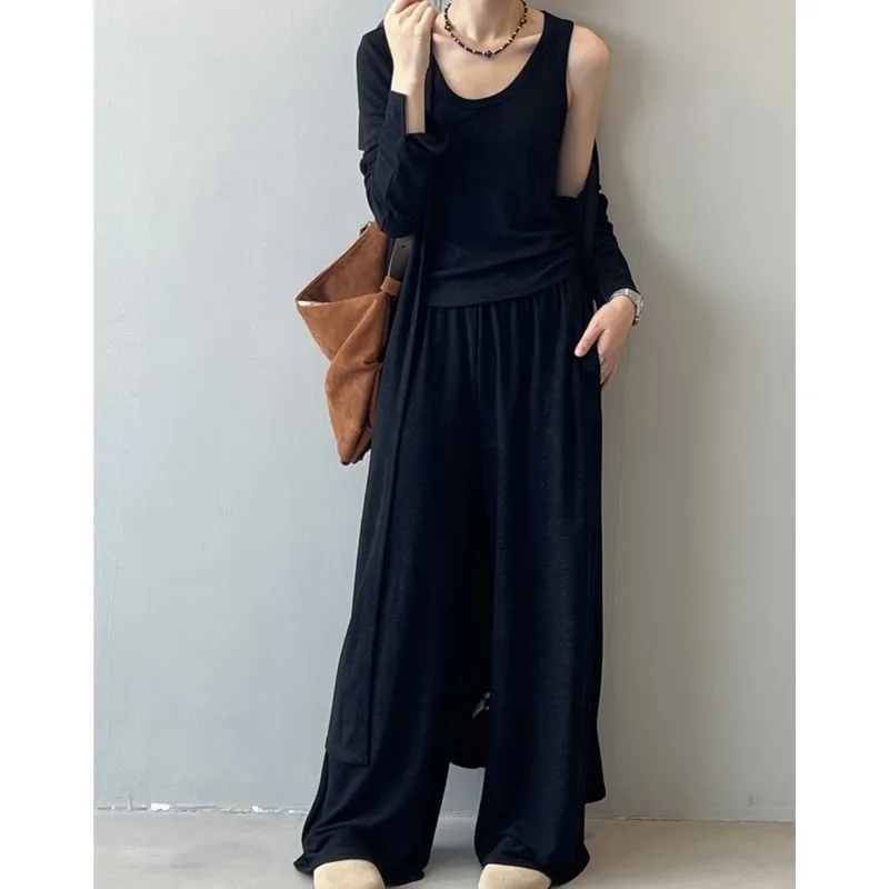 مجموعة جوهنيتشر كسول غير رسمية مكونة من ثلاث قطع سترة نسائية طويلة جديدة مع حمالة بنطال واسع الساق تحت مجموعات نسائية غير رسمية