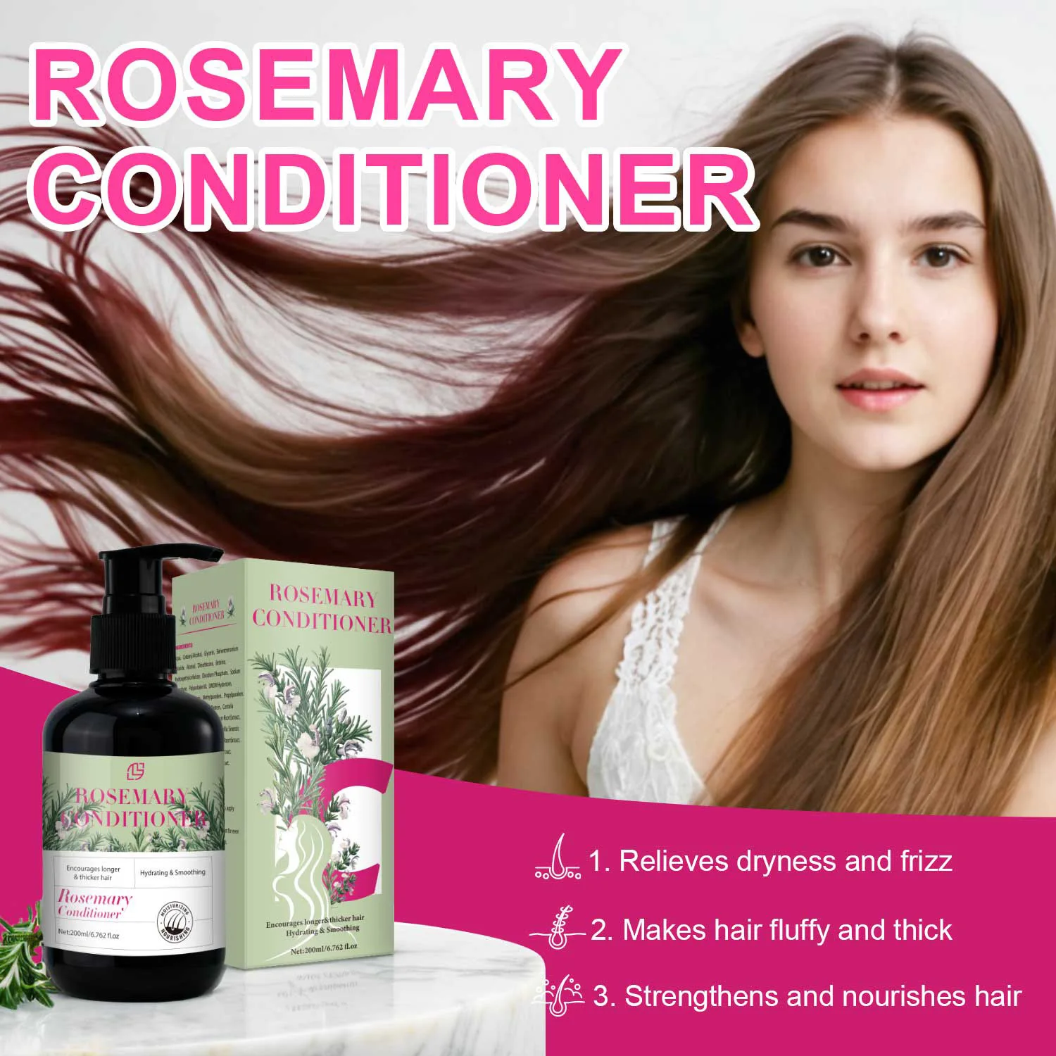 Rosemary Conditioner Relieves Dryness and Frizz & Makes Hair Fluffy and Thick, & Strengthens and Nourishes Hair, 200ml