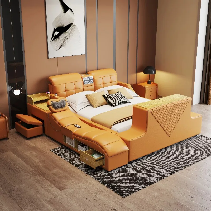 

Ultimate Tech Smart Bed Genuine Leather Multifunctional Frame Massage Speaker Reclining Modern Air Purifier Soft Bed