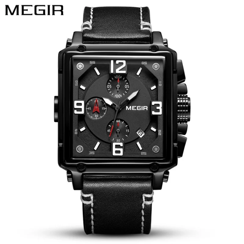 

MEGIR 2061 Luxury Business Men's Watches Multifunctional Square Dial Waterproof Steel Luminous Calendar Fashion Wristwatches