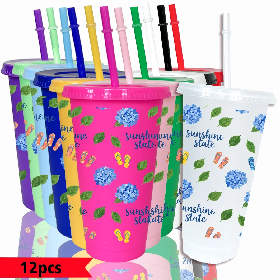 12pcs/pack Flowers Leaves Slippers Pattern 26oz Colored Plastic Party Cold Cups for Back-to-school Birthday Gifts