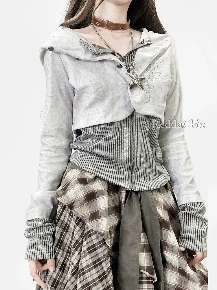 REDDACHiC Stitch Knit Lepard Hoodies Jacket Y2k Aesthetic Rhinestone Long Sleeve Top Zip Up Hooded Cardigan Vintage Fall Clothes