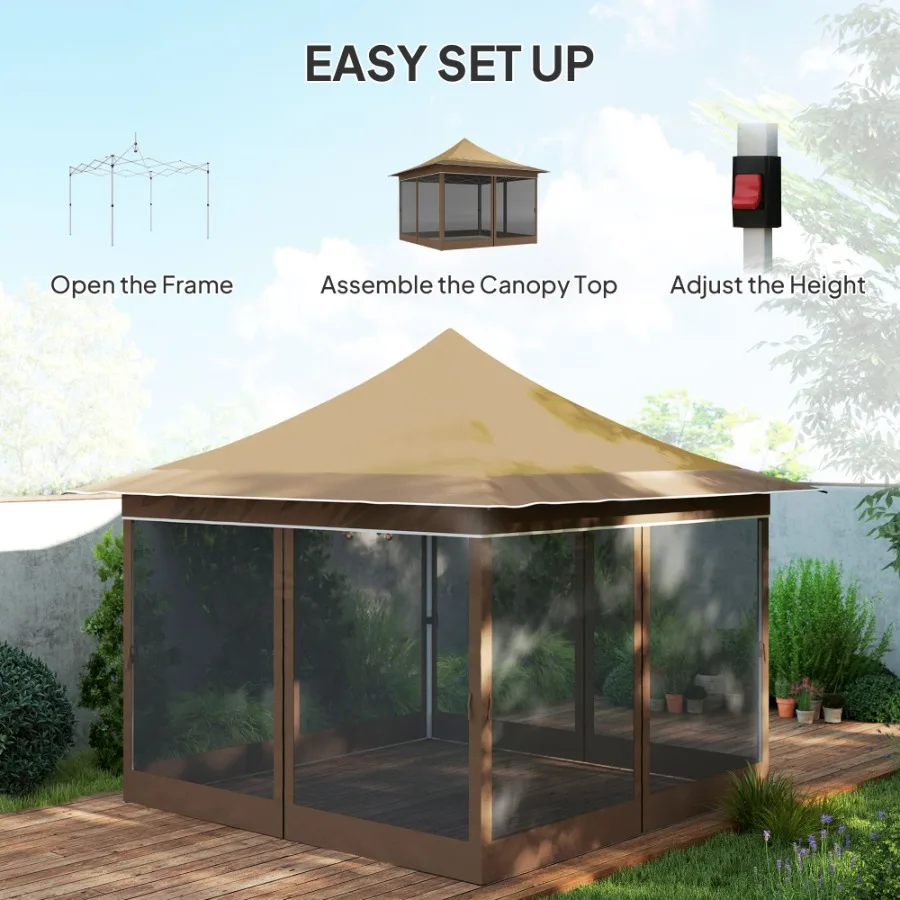 12' x 12' Canopy Tent with Mesh Netting UPF50+ Pop Up Tent with Carry Bag for Garden Patio Beige