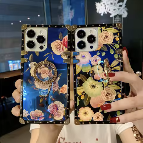 Blue-Ray Ring Holder Cover Plating Flower Case For Samsung Galaxy S24Ultra S23 Plus S22 S21 S20 Note 20 A54 A15 A25 A55