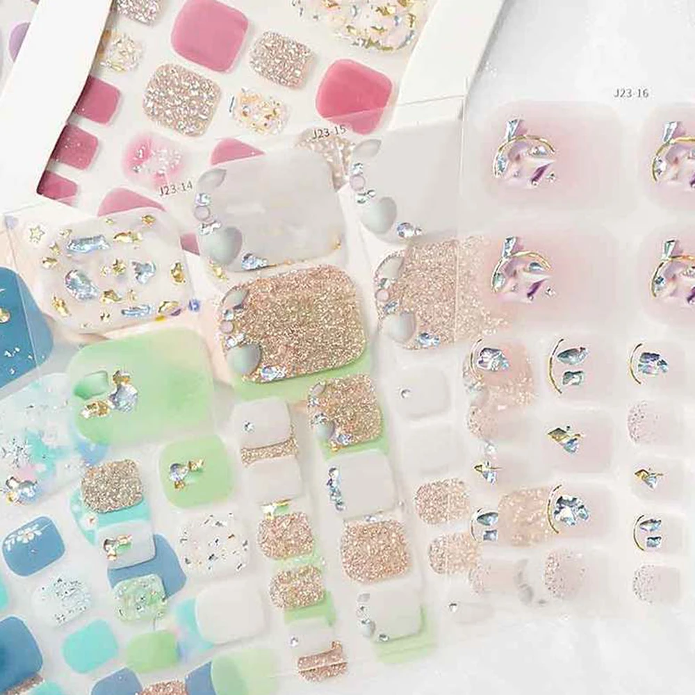 22tips/Sheet Toe Nail Stickers Glittering Toenails Manicure Art Decals Full Cover Removable Adhesive DIY Nail Patch Decoration