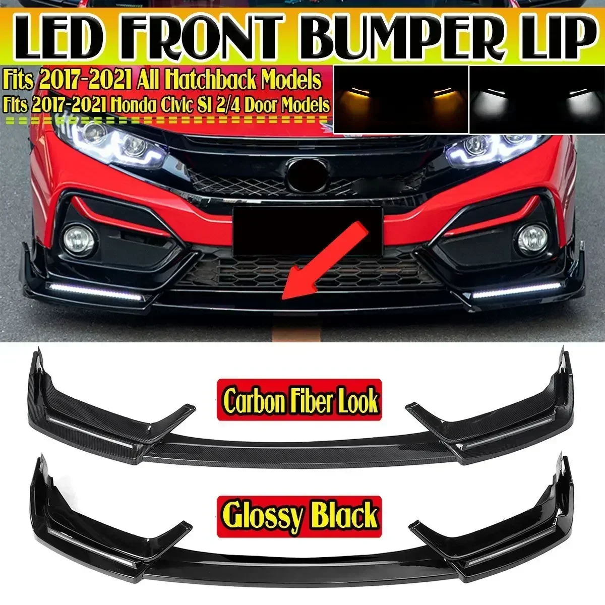 Car Front Bumper Lip Splitter Diffuser Lip Spoiler With LED Day Light Protector For Honda Civic Si/HATCHBACK 2017-2021 Body Kit