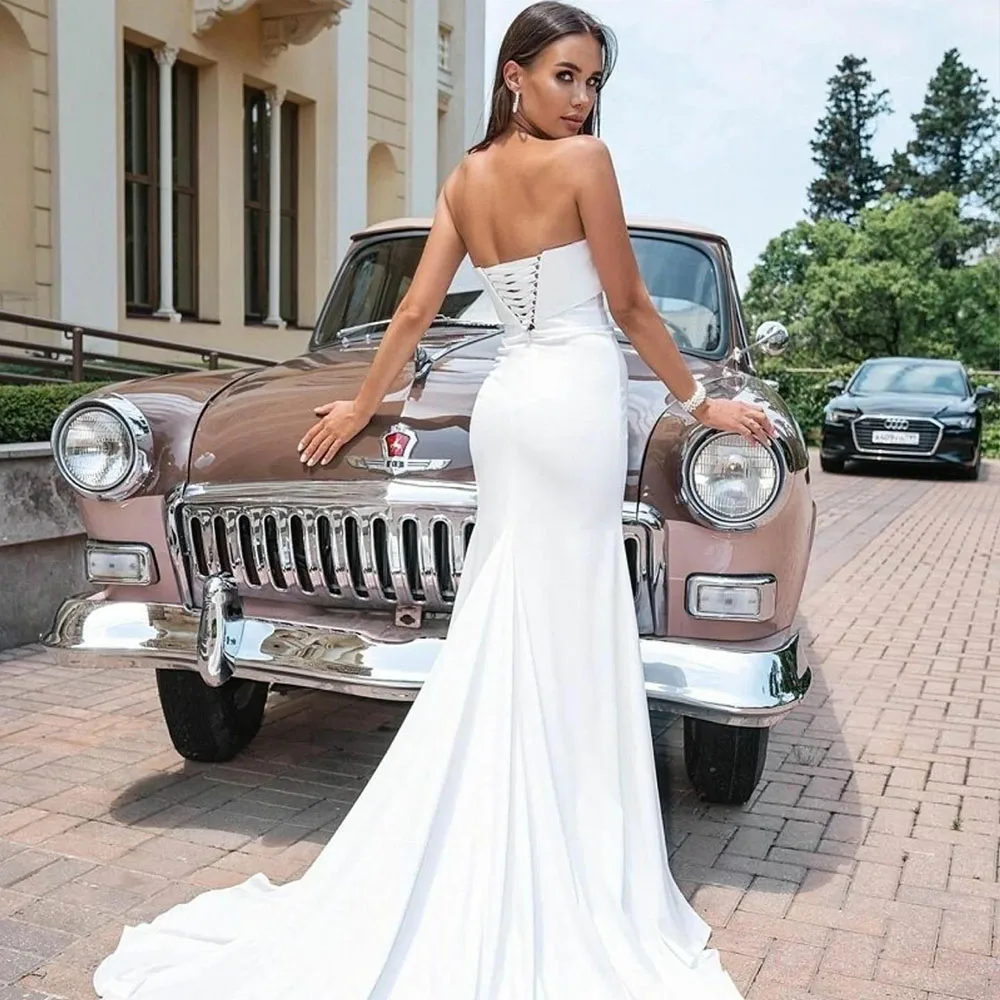 Mermaid Wedding Dress Brides Strapless Lace Up Big Bowknot Bride Dress Long Train Elegant Wedding Party Bridal Gown Customized