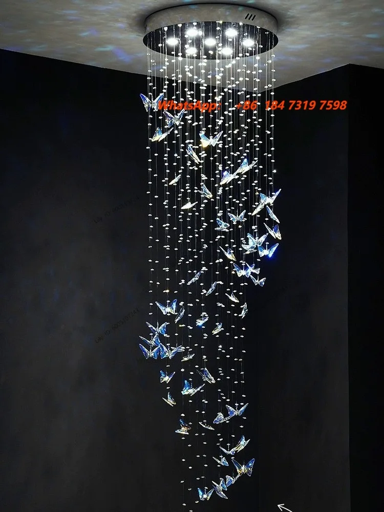 2025 Hotel Lobby Attic Butterfly Crystal Multi Head Long Chandelier Living Room Interior Decoration K9 Crystal Staircase Light
