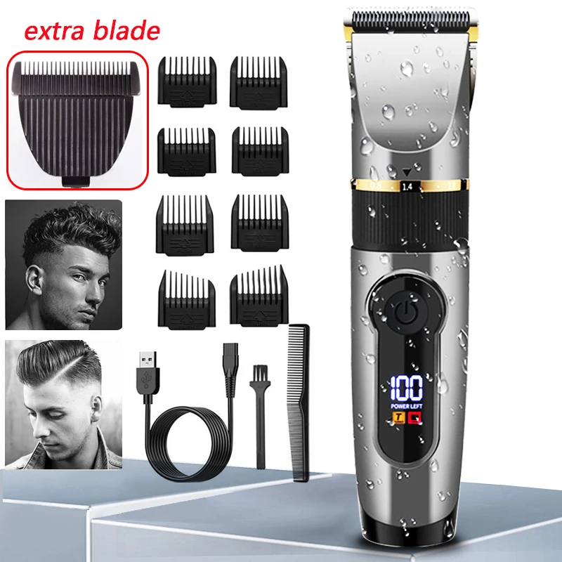 

Профессиональная машинка для стрижки волос, перезаряжаемый электрический триммер для мужчин, борода, детская парикмахерская машина для стрижки волос, светодиодный экран, водонепроницаемый