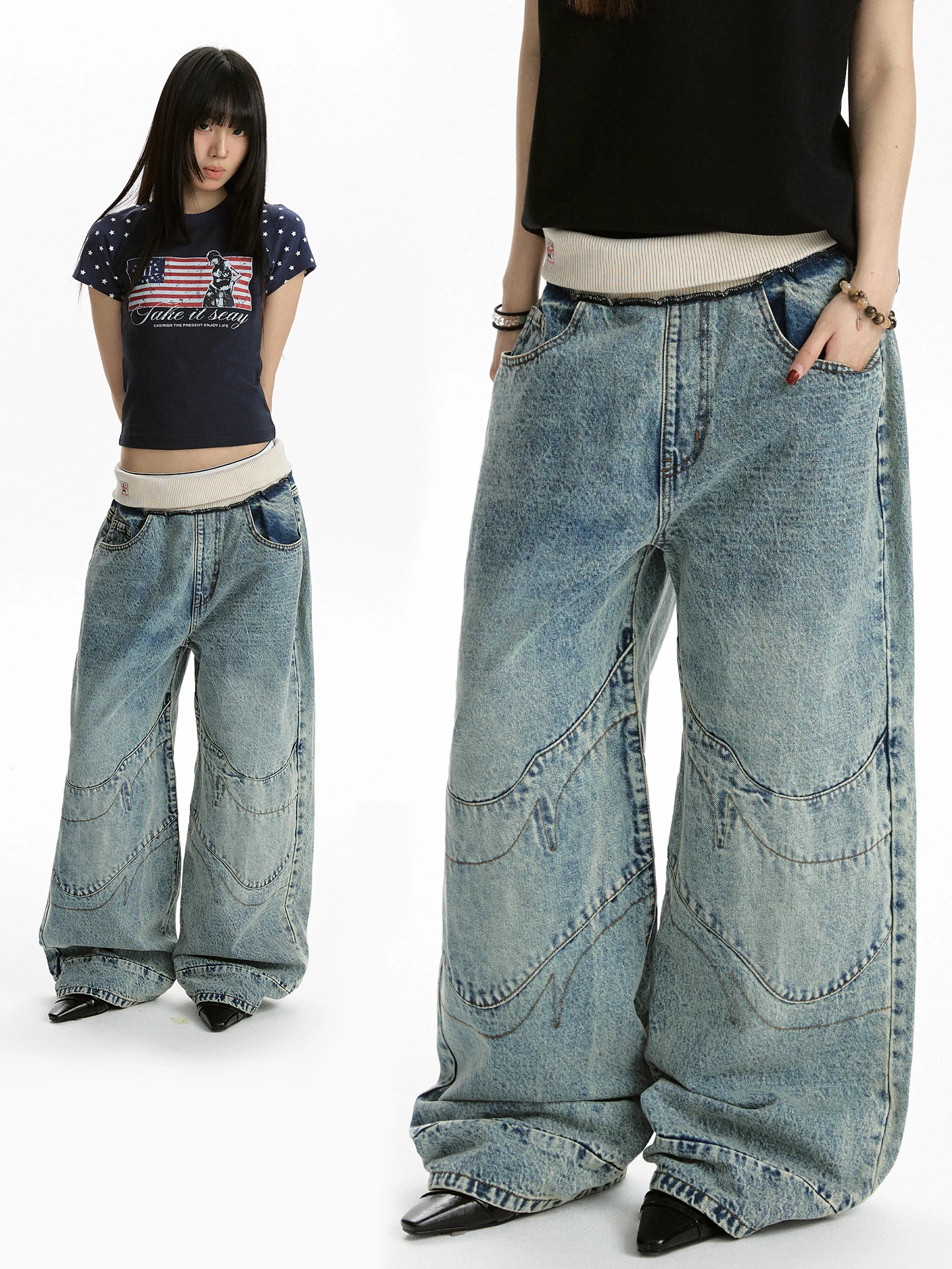 

Apocket American Washed Distress Straight Leg Jeans Women Slim Wide Leg Pants Cotton Natural Waist Zipper Spring Wear