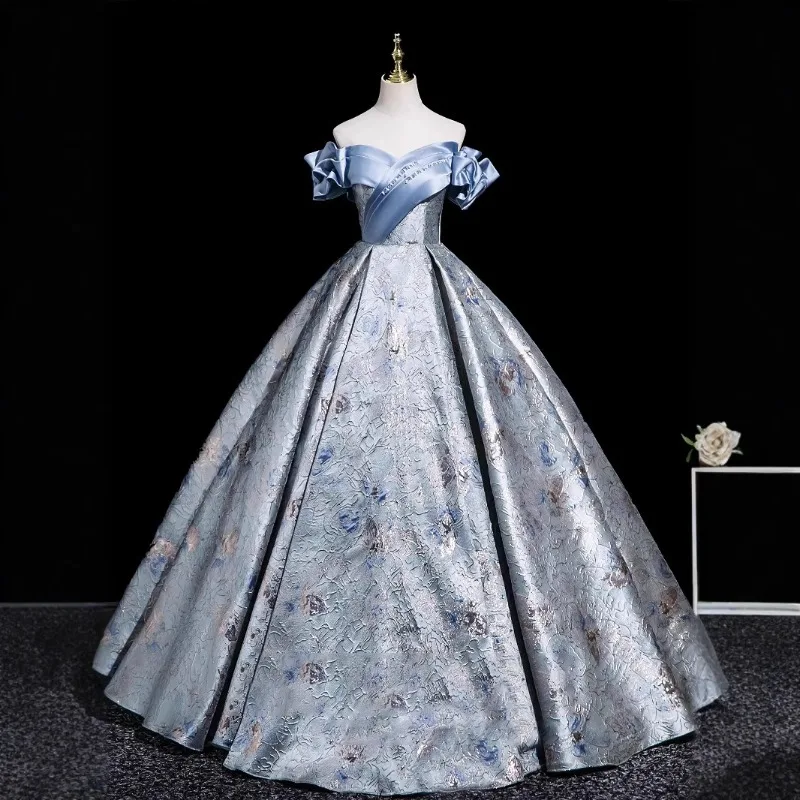 

2025 New Women's Blue Embroidered Strapless Evening Dress Fashionable and Slim Graduation Host Art Exam Grand Swing Dress