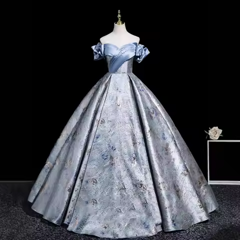 2026 New Women's Blue Embroidered Strapless Evening Dress Fashionable and Slim Graduation Host Art Exam Grand Swing Dress