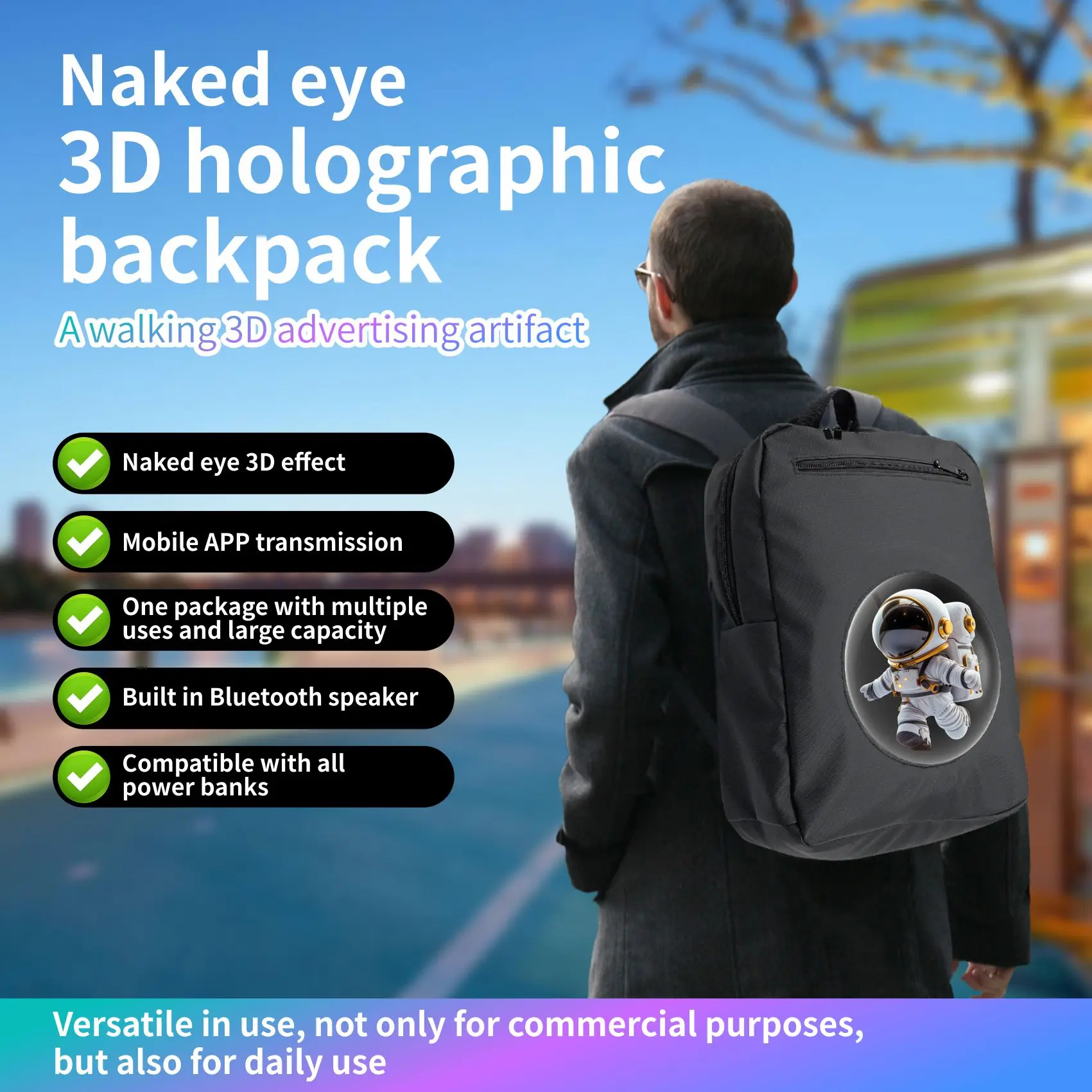3D Holographic Fan Backpack Outdoor Street Advertising Rucksack with Custom Image Hologram LED Display Support WIFI Bluetooth