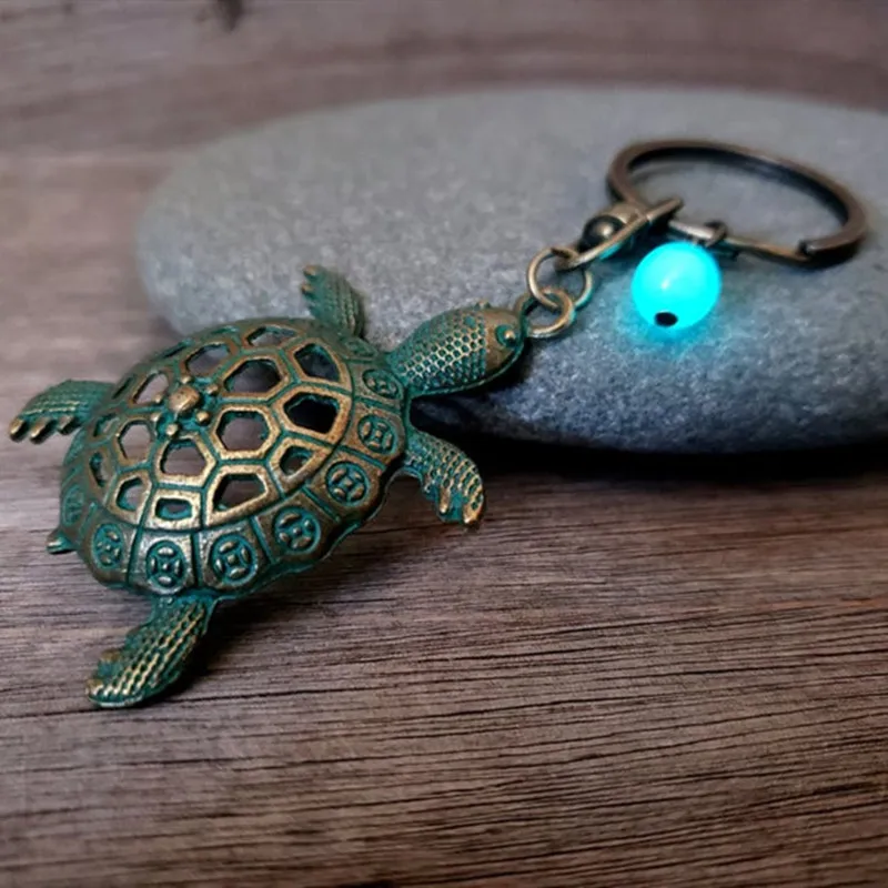 Glowing Tortoise Keychain Key Ring Glow In The Dark Sea Turtle Purse Chain In Verdigris Patina Bronze,Gift for Turtle Lover