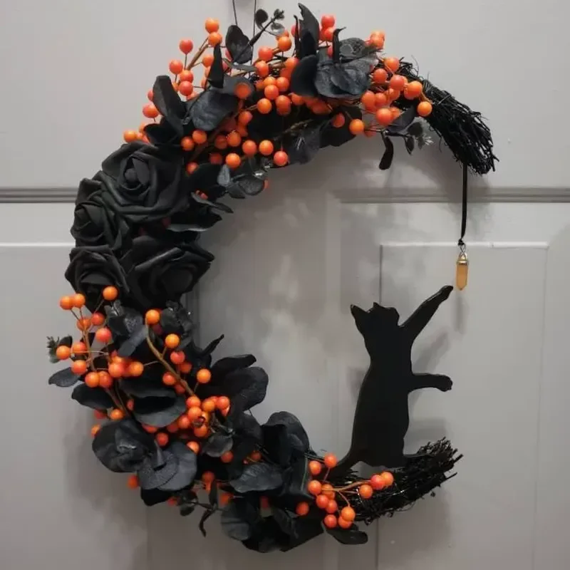 Gothic Rose Moon Cat Wreath Halloween Door Decoration Crystal Artificial Flower Garland Home Wall Hanging Party Decor Gift