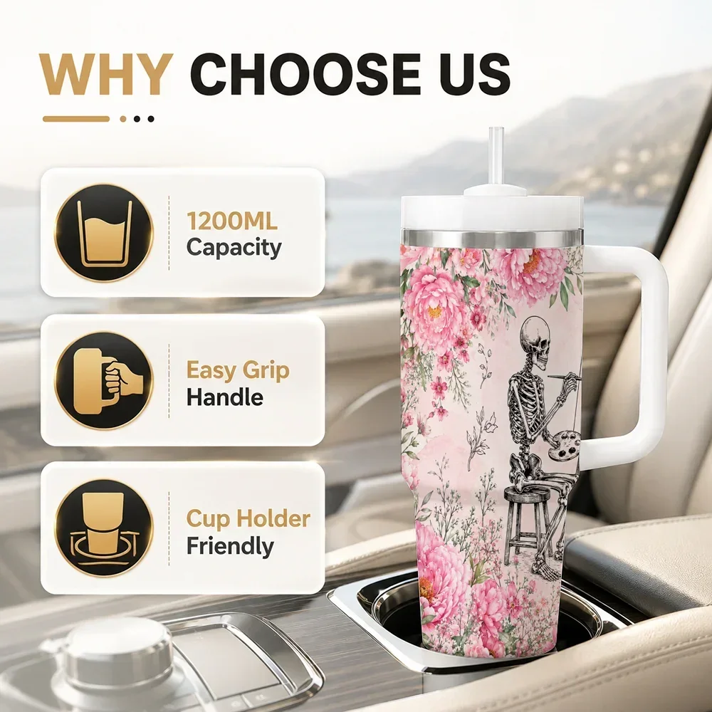Skeleton Tea Party Vacuum Flasks 40oz Leakproof Steel Tumbler w/ Lid Straw Handle Hot Cold Drinksorders for other colors will be shipped randomly in black or white