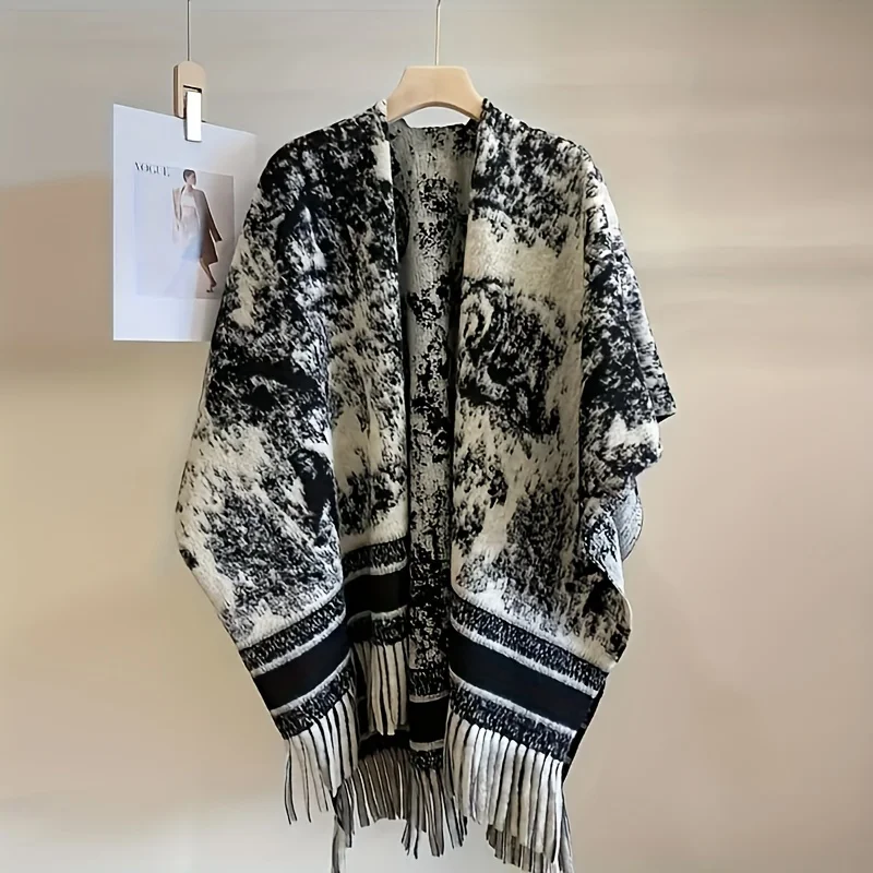 

retro Style Black and White Ink Pattern Shawl | 100% Polyester Fiber | Hand Wash | Weekend Leisure Decoration | Fringed Printed