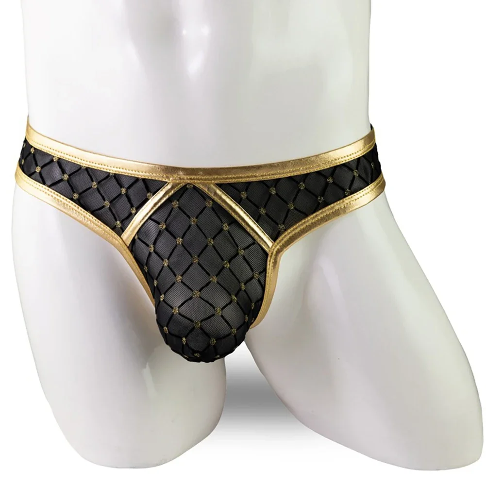 Fashion Grid Pattern Mens Underwear Briefs Mesh See Through Low Waist G-String Thongs Panties Pouch Jockstrap