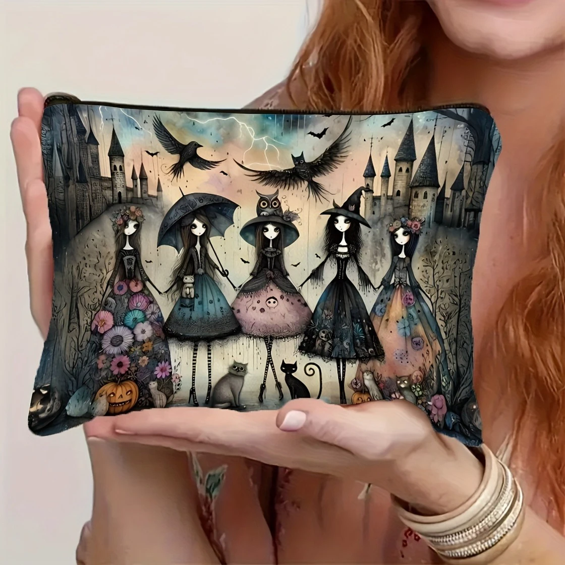 Gothic Style Makeup Pouch with Witches Black Cats Owls Design Portable Travel Cosmetics Bag Zipper Closure Halloween Accessories