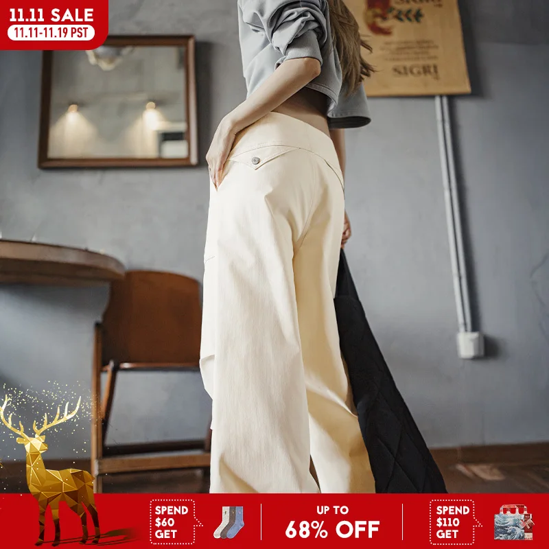 Maden المرأة الأبيض السراويل البضائع غير رسمية العاج في الهواء الطلق Trackpants واسعة الساق فضفاضة مستقيم بنطلون مع مطوي الركبة لفصل الخريف #1