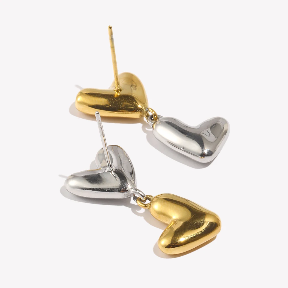 E.B.belle Asymmetrie Mix Farbe Doppel Herz Ohrstecker 18K vergoldet Edelstahl Wasserdicht Mode Frauen Schmuck