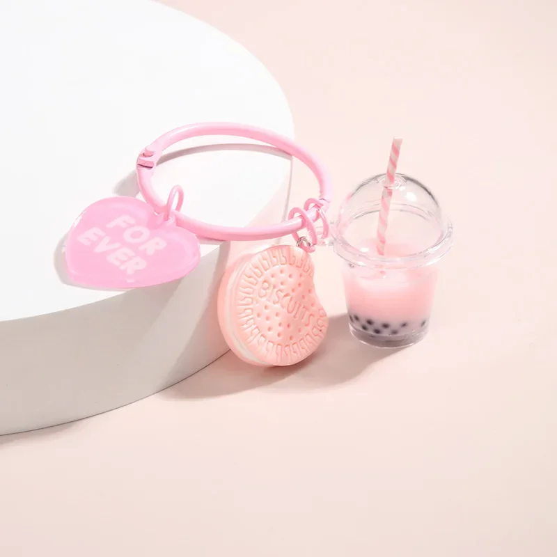 Cute  Keychains Ice-cream Bubble Tea Biscuit Pink Key Rings Friendship For Best Friend Women Girl Handbag Gift Jewelry image 5