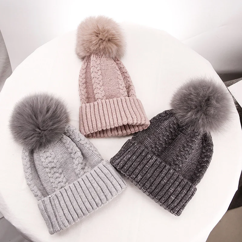 

Ladies Black Pink Real Fox Fur Pom Poms Hats for Women Winter Outdoor Warm Cute Skullies Beanies Wool Ski Winter Hat