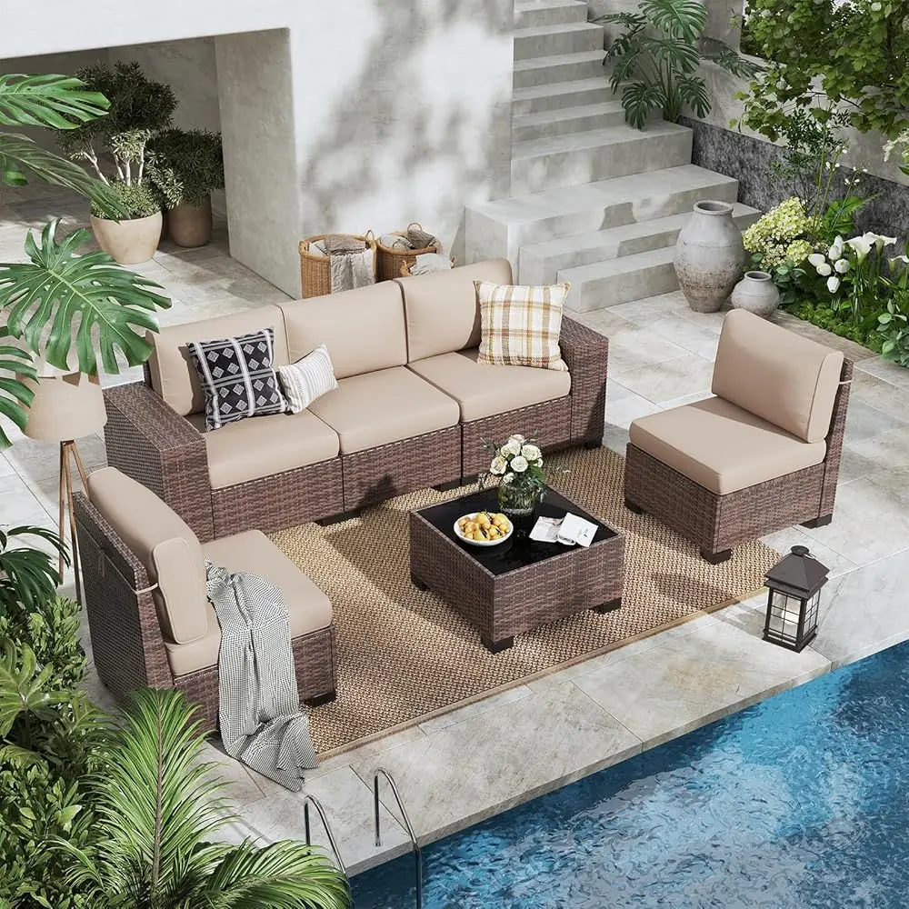

6 Pieces Outdoor Patio Furniture Set With Table Brown Rattan Sectional Sofa Conversation Sets For Balcony Lawn And Garden