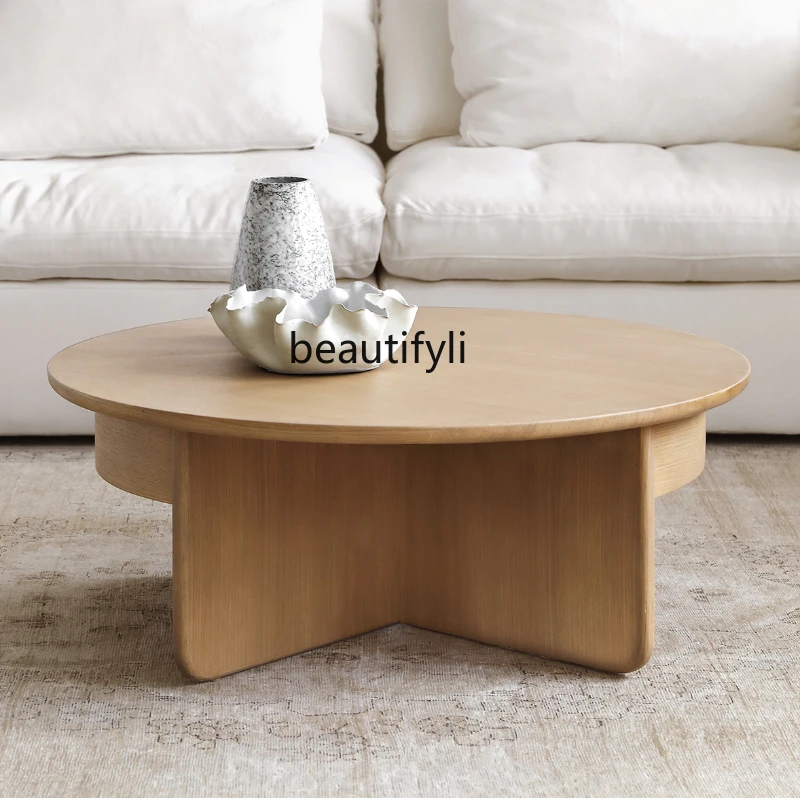 

Modern Light Luxury Cream Style Solid Wood Ash Tea Table Living Room Home Misty Style Small Apartment Log Small round Side Table