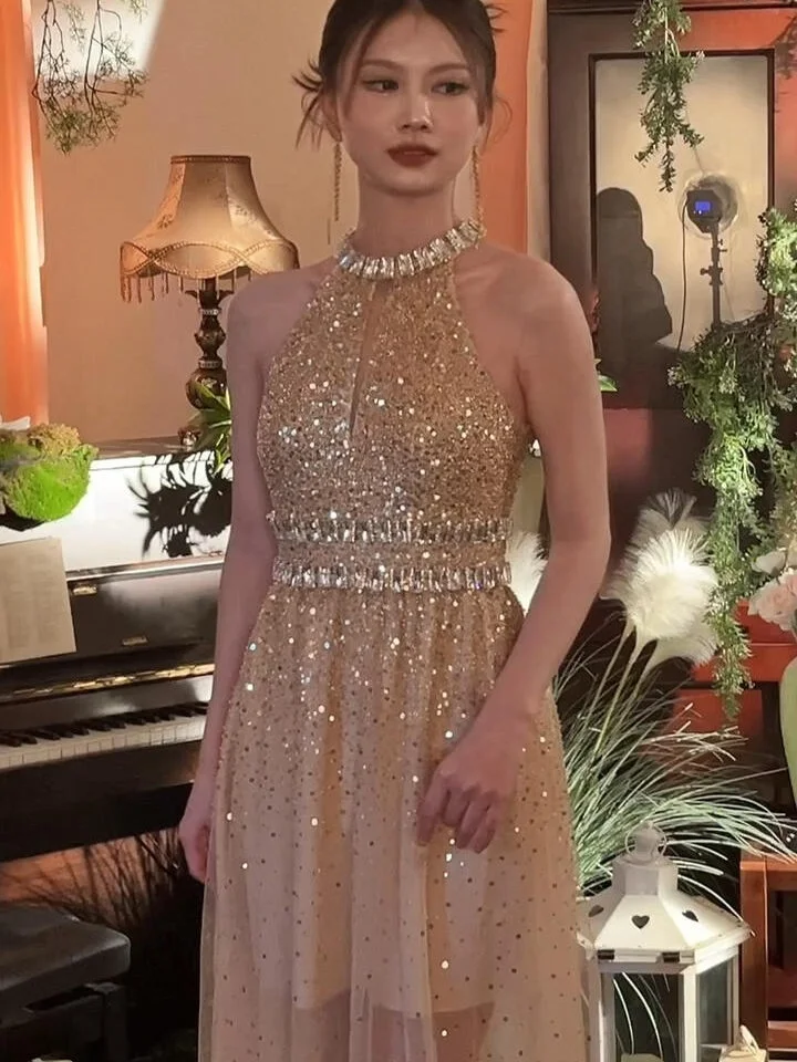 

Платье трапециевидной формы с высокой талией Dr цвета шампанского, утягивающее платье для дня рождения, свадебного торжества, женское модное