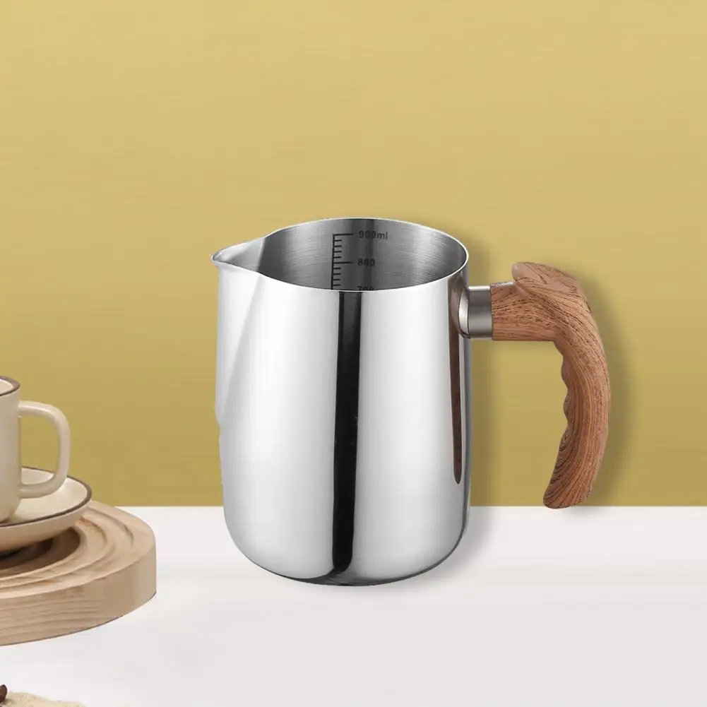 Capacity Milk Frothing Pitcher Stainless Steel Milk Frothing Pitcher with Precise Scale Wooden Handle for Latte for Coffee