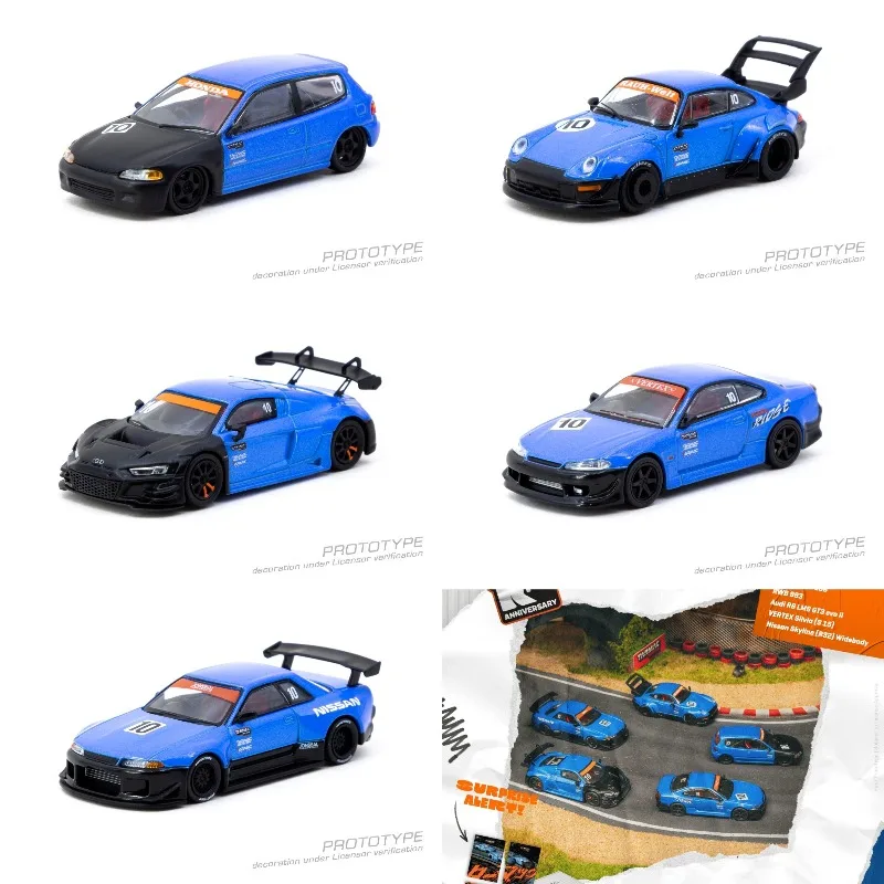 TW 1:64 Ensemble 10e anniversaire R32 S15 EG6 RWB993 R8 LMS GT3 Modèle de voiture en alliage de simulation, jouet cadeau pour garçon, ornement de collection pour adulte.