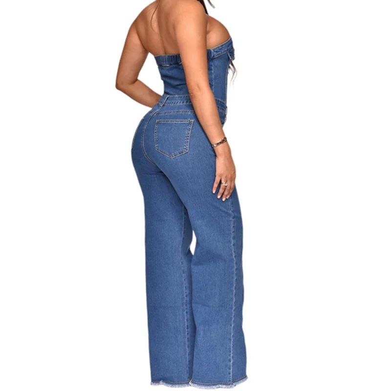 جمبسوت نسائي صيفي بدون حمالات مكشوف الأكتاف من قماش الدنيم جمبسوت نسائي من Combinaison En Jean للسيدات 2025 ملابس أنيقة بشكل عام من قطعة واحدة #2