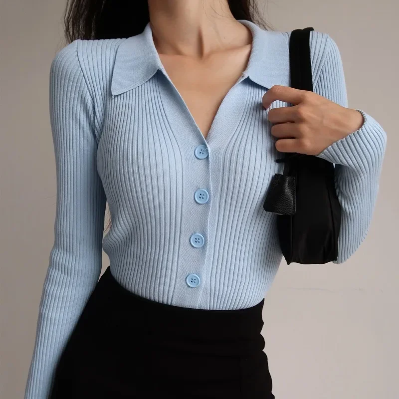

Ladies Buttons Sexy V Neck Long Sleeve Blusas Polo Neck Knit Cardigan Sweater Women Lapel Slim Tops Single Breasted Blouse