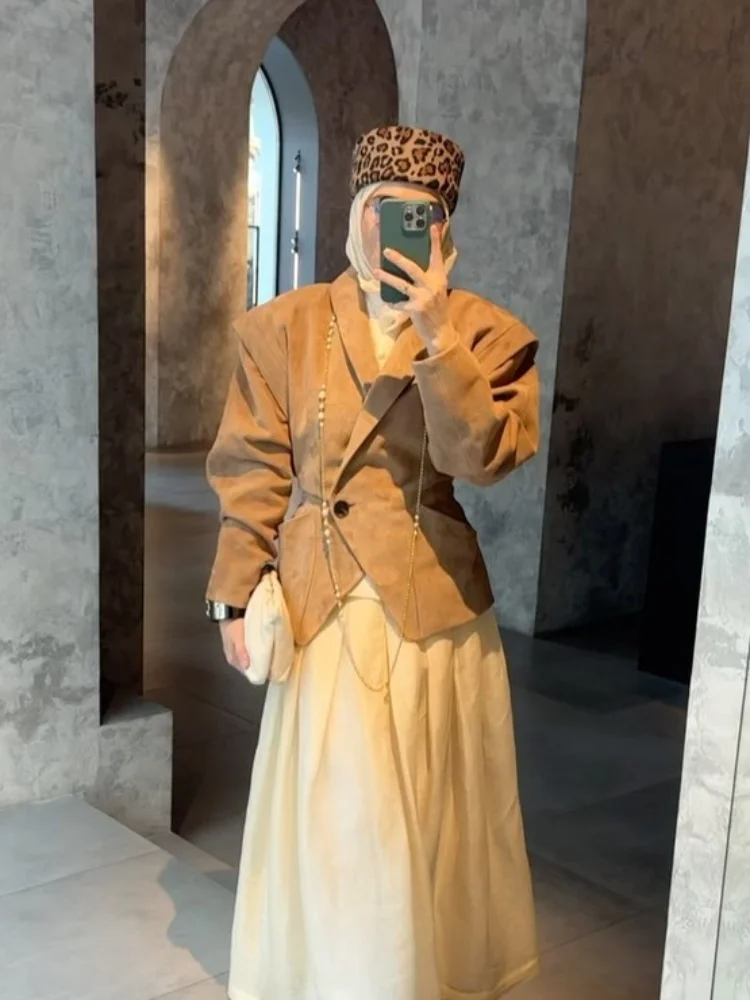 

Vintage Brown Suede Jacket Women Fashion Solid V Neck Long Sleeve Pocket Lapel Single Button Jackets 2025 Fashion Street Outwear