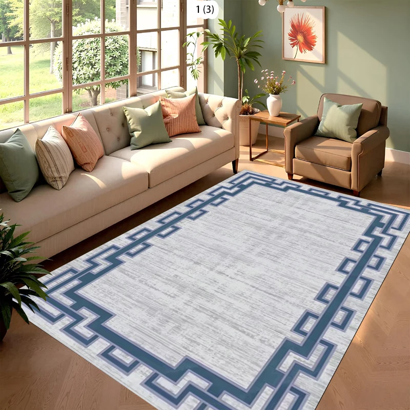 Modern Chinese Style Geometric Meander Border Area Rug Traditional Elegant Non-Slip Large Floor Carpet for Bedroom Dining Room