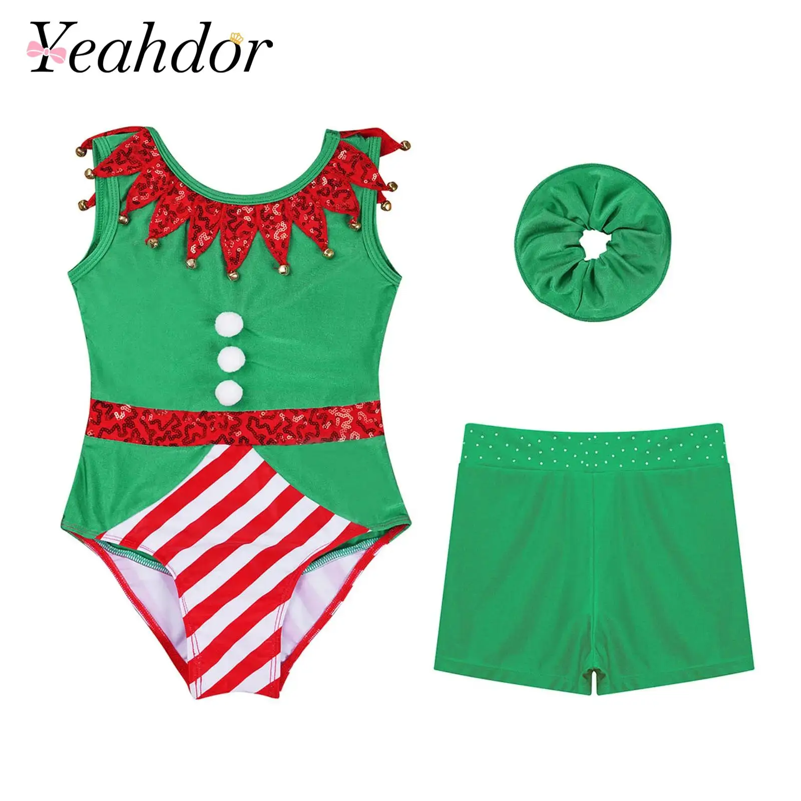 Girls Stripes Sequins Gymnastics Jumpsuit Christmas Costume Xmas Holiday Party Candy Cane Outfits for Stage Performance Clothes