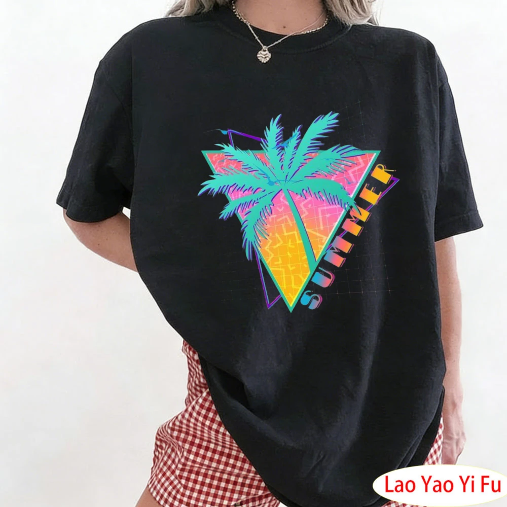 Retro Vintage 1980s Summer Palm Tree Summer Vacation Time T-Shirt Beach Music Festival Fashion Party with Palm Tree Pattern Tops
