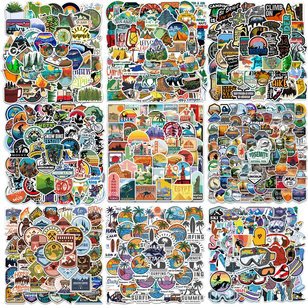 14 Styles Camping Outdoor Sports Ski Bike Stickers Graffiti Waterproof Sticker Luggage Suitcase Notebook Laptop Motorbike