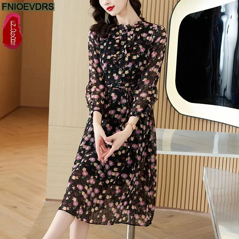 Casual Holiday Shirt Dress Women New 2024 French European Style Design Ruffles Bow Tie Floral Print Retro Long Dresses Vestidos