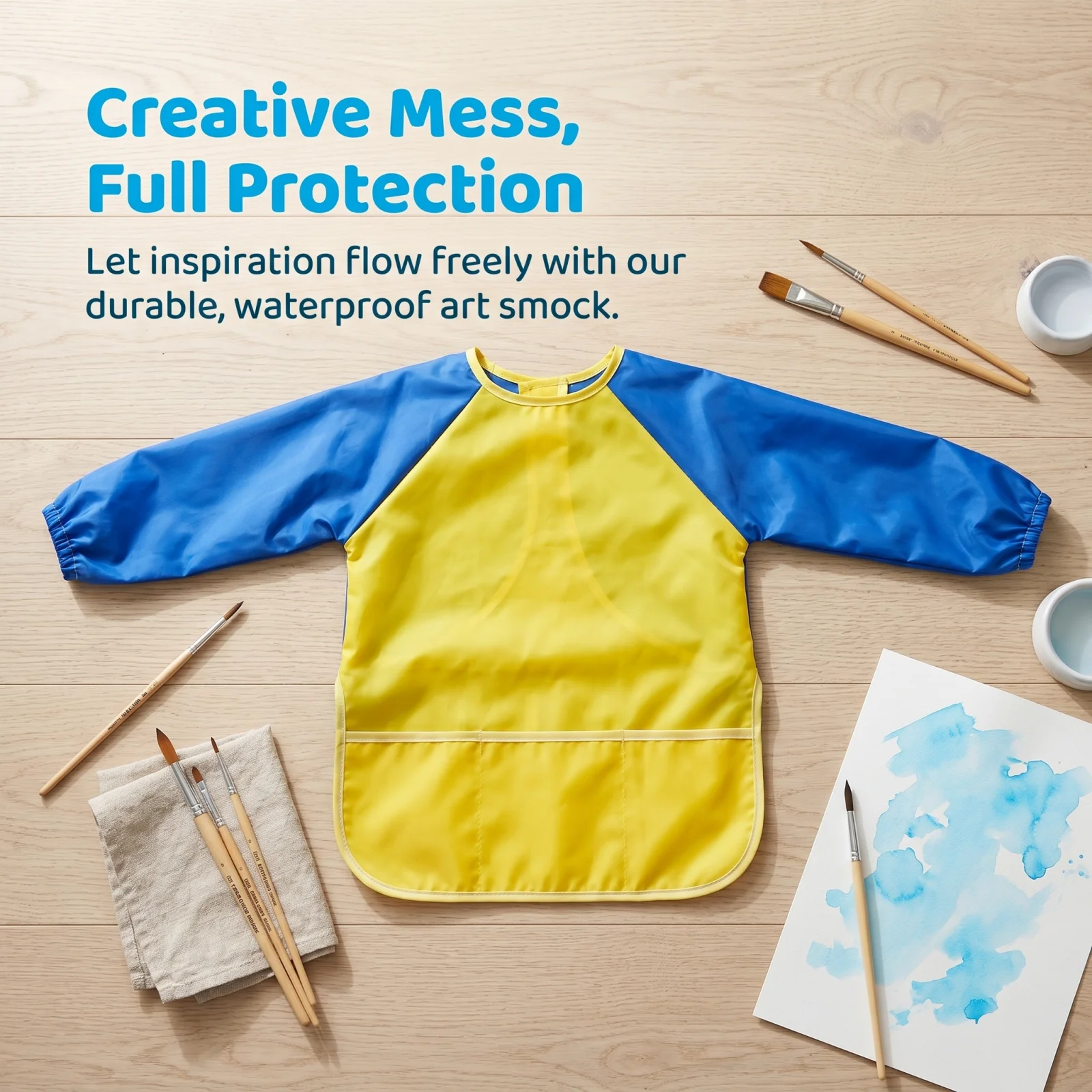Long Sleeve Art Smock, Nylon Painting Apron with Elastic Cuffs & 3 Large Pockets for Pottery, Crafts, Messy Eating