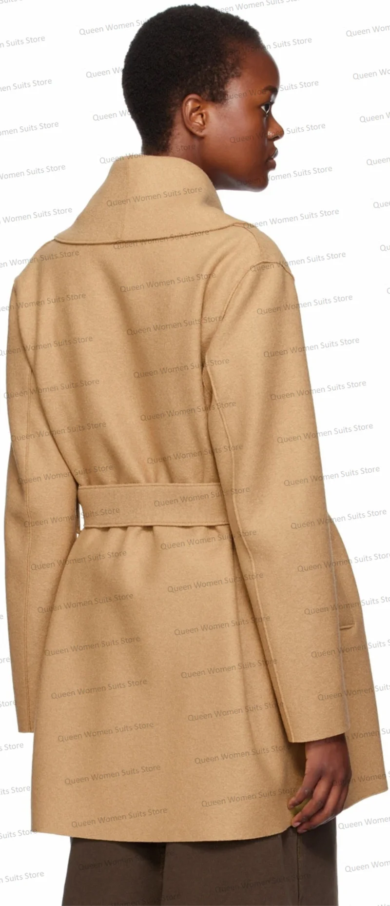 Camel Short Woolen Overcoat Women Suit Blazer Jacket With Belt Winter Thick Coat 1 Piece Outfit Prom Dress Tailored Made