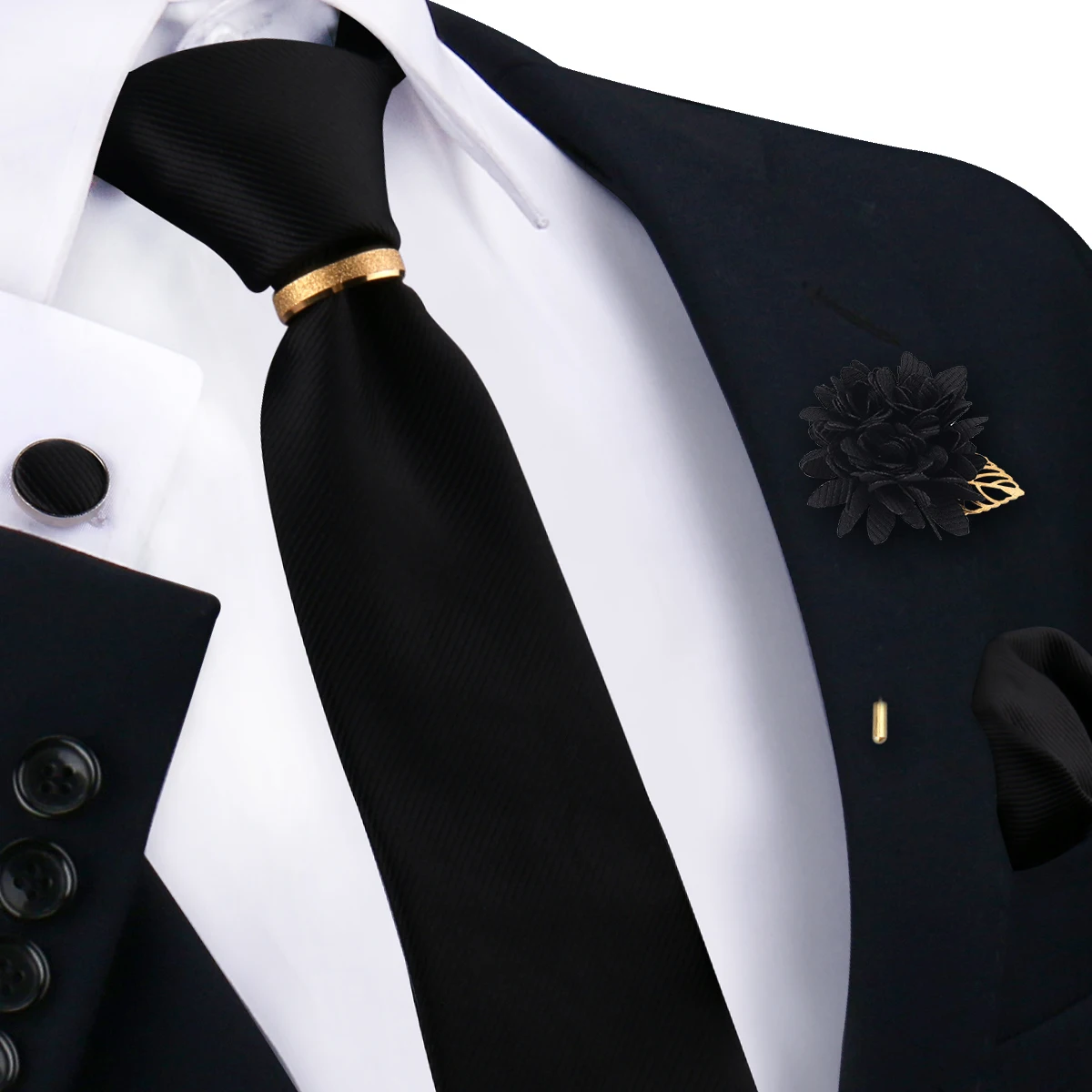 Luxury Solid Color Ties Set For Men Necktie Handkerchief Cufflinks With Gold Ring Floral Brooch Suit Wedding Men Accessories
