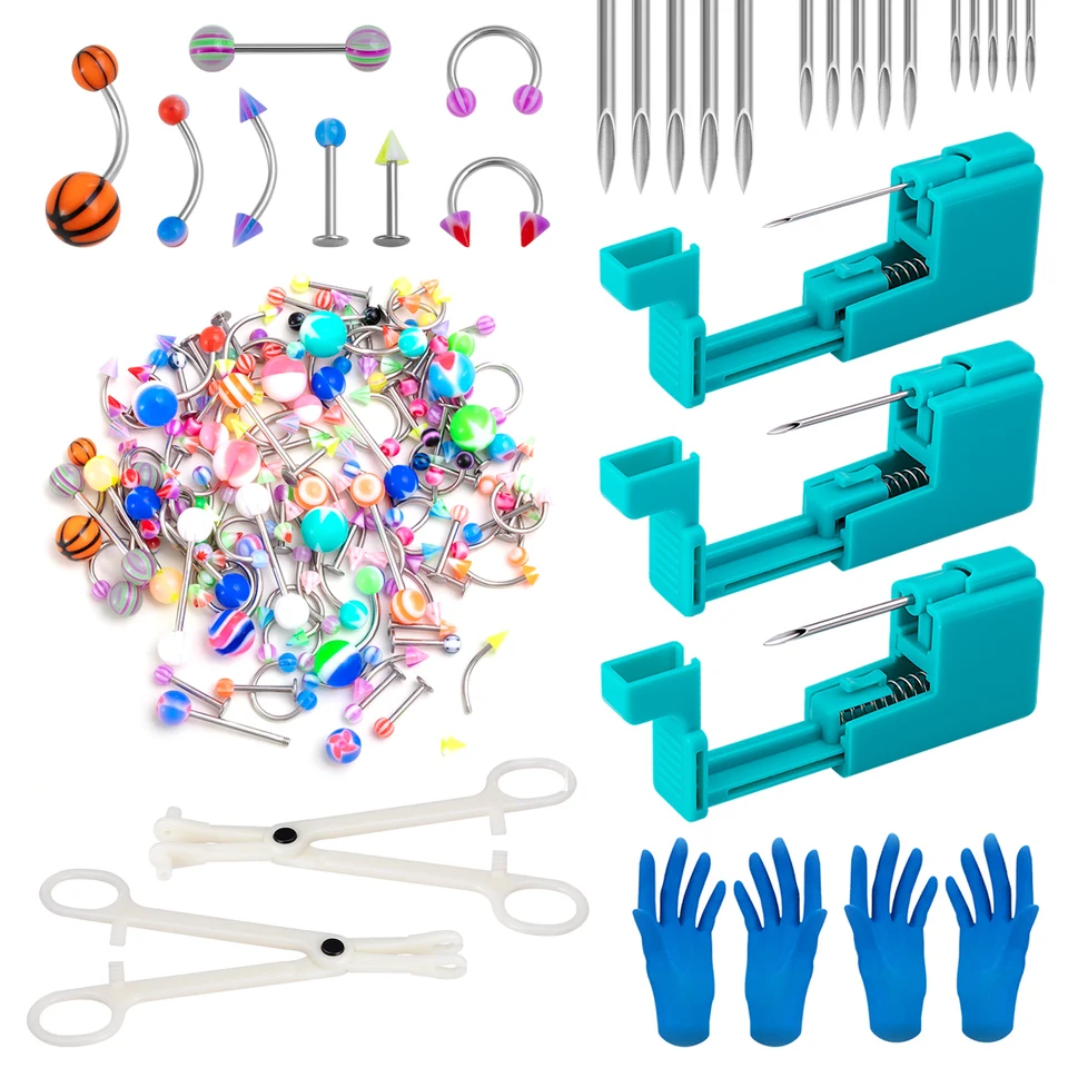 Kit Piercing Complet Aiguille Pistolet Tragus Helix Lèvres Langue Oreille Nez Nombril - Acier Inoxydable
