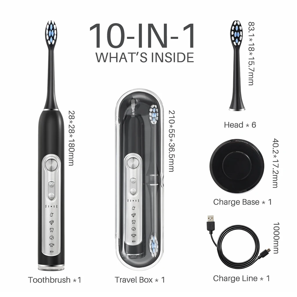 SUBORT Sonic Electric Toothbrushes Adult Smart Timer Brush 5 Mode Rechargeable Whitening Toothbrush IPX7 Waterproof 6 Brush Head